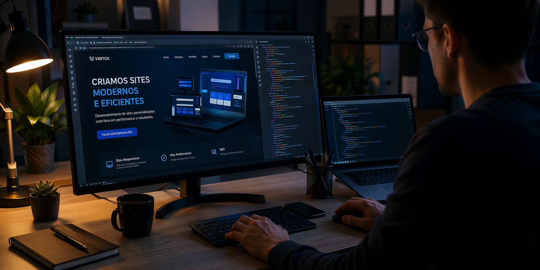 Profissional desenvolvendo sites modernos em ambiente de trabalho